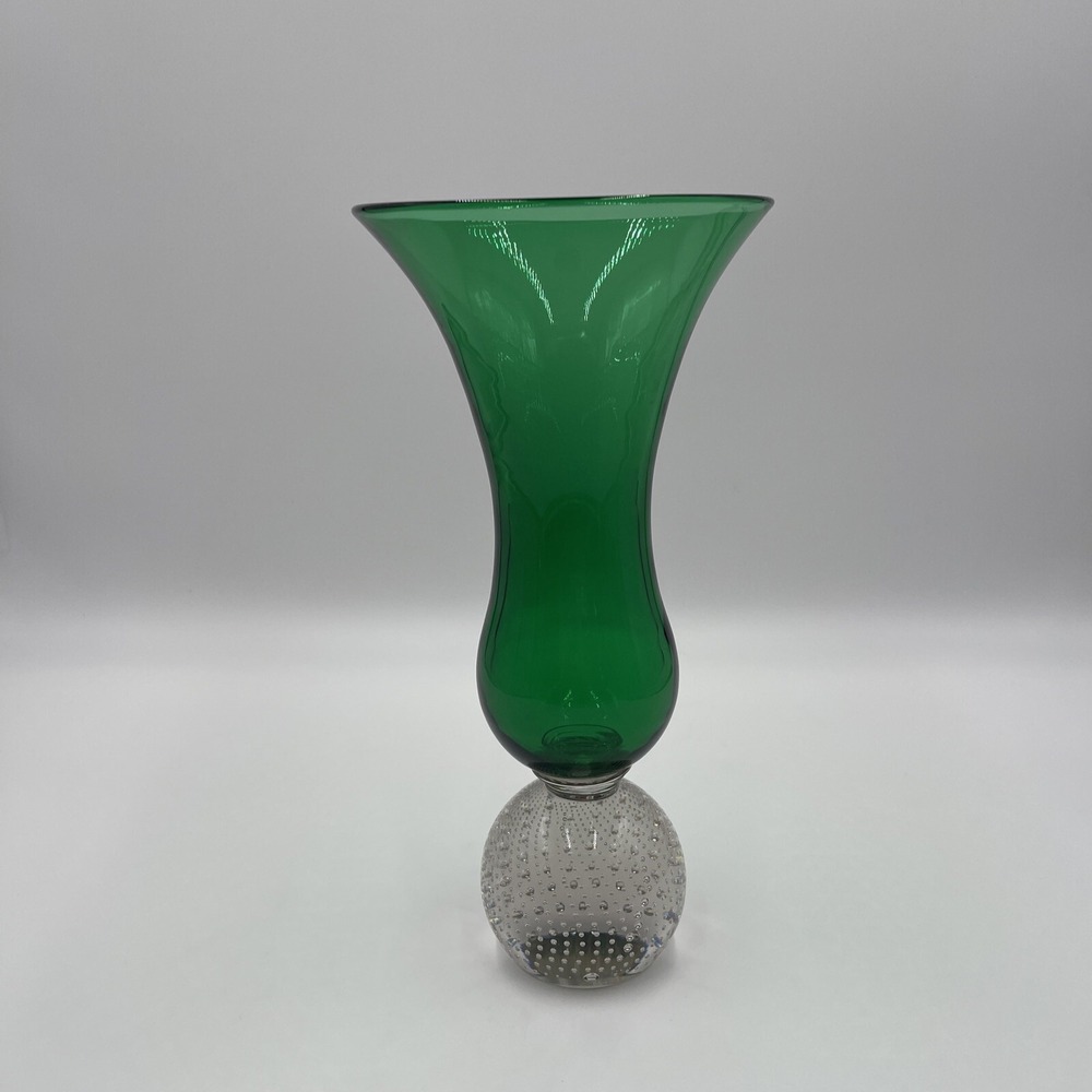 Mid Century Carl Erickson Emerald‎ Green Paper Weight Base Art Glass Vase